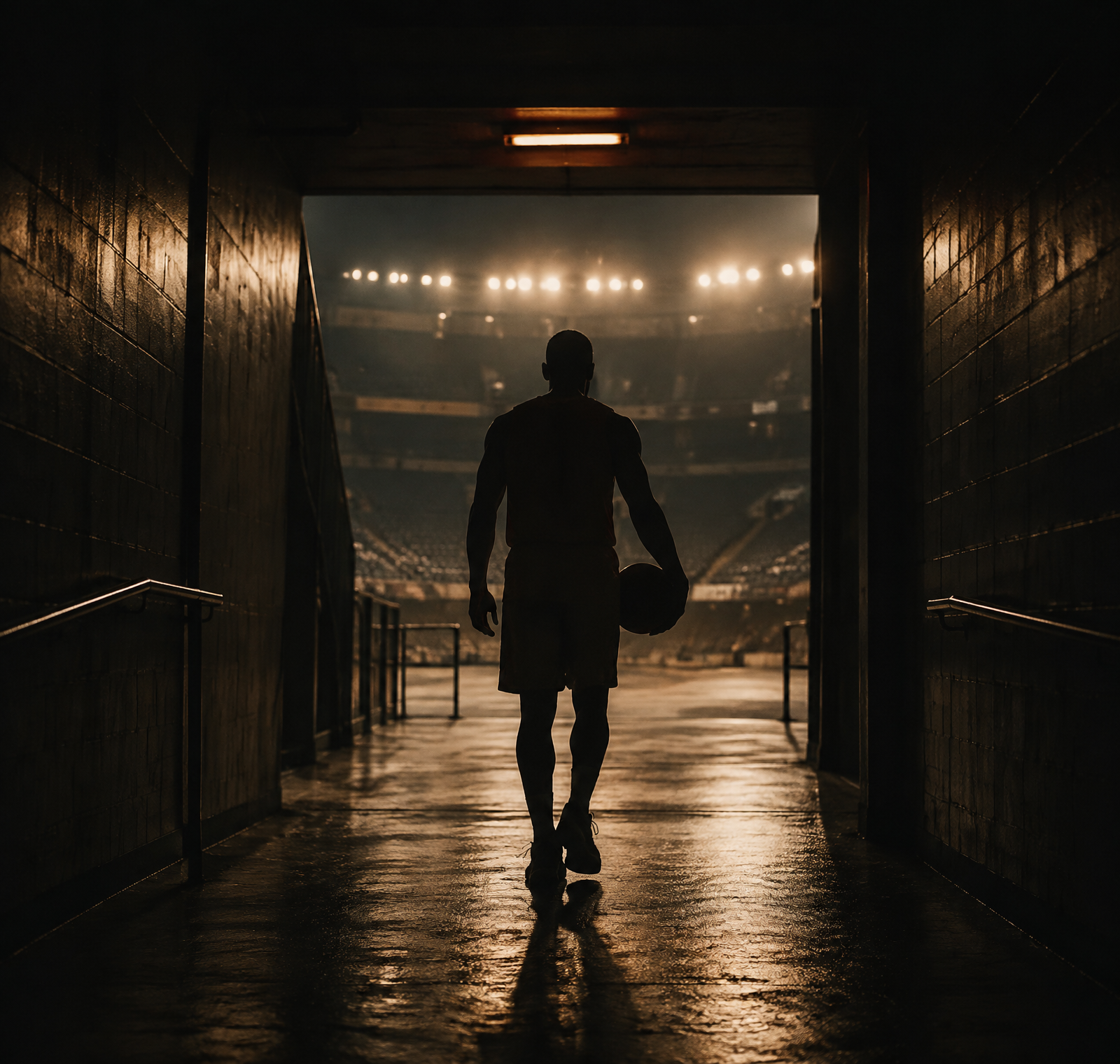 Athlete silhouette walking through an arena tunnel