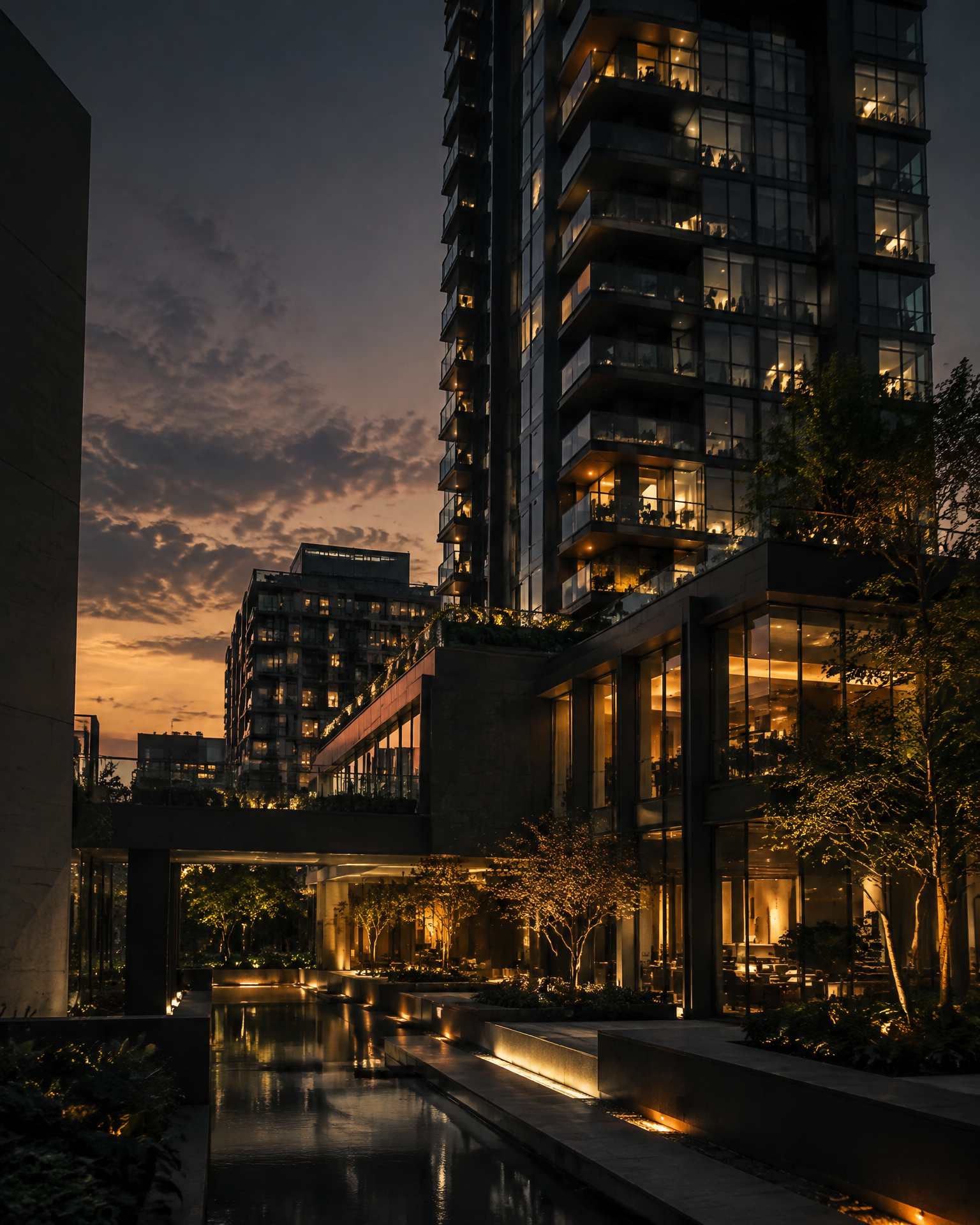 Modern real estate development with warm interior lights at dusk
