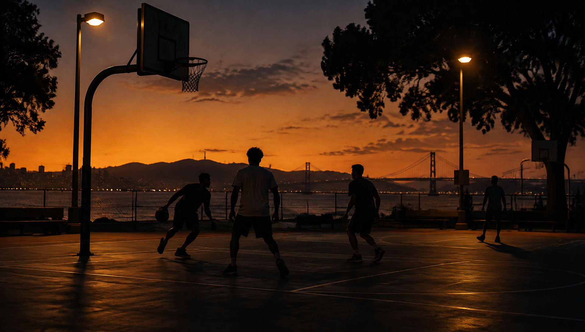 Community basketball court at dusk with young athletes in silhouette