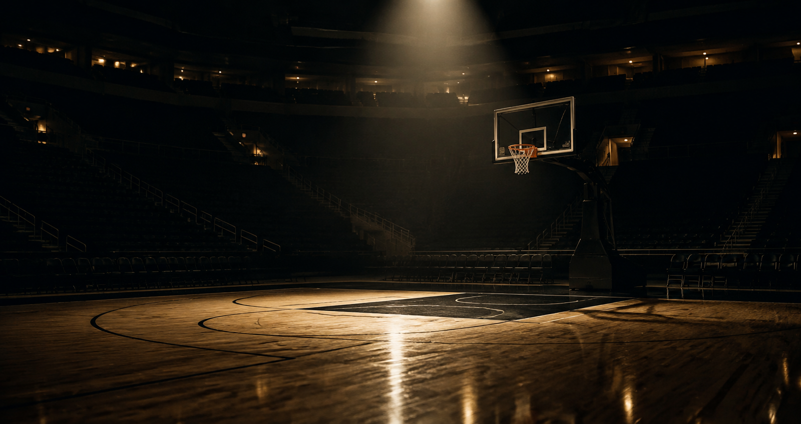 Empty basketball arena under a single spotlight