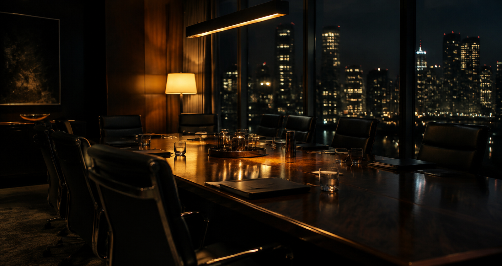 Dark boardroom overlooking city lights