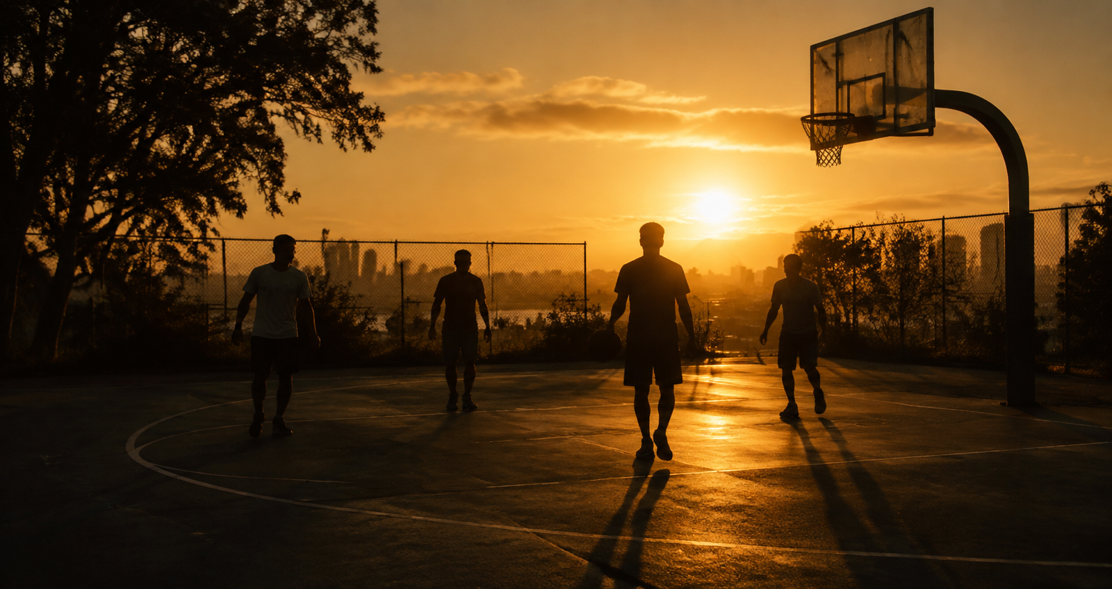 Community basketball court at golden hour