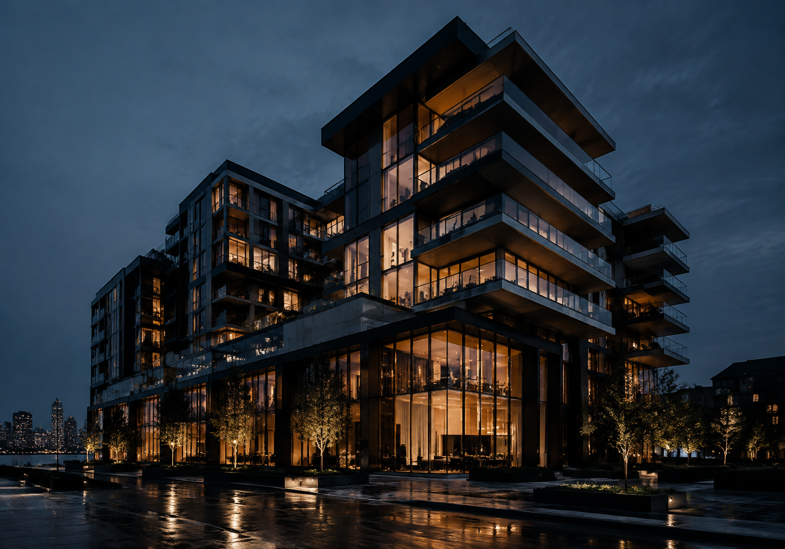 Architectural development at blue hour